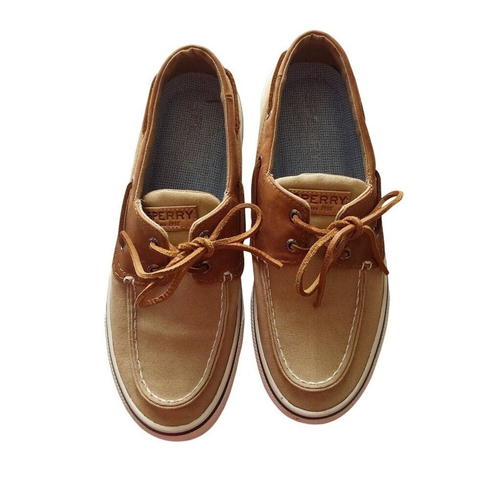 Sperry Mens Bahama II Boat Shoes Tan Brown Canvas Leather STS22021 Size 8.5 W